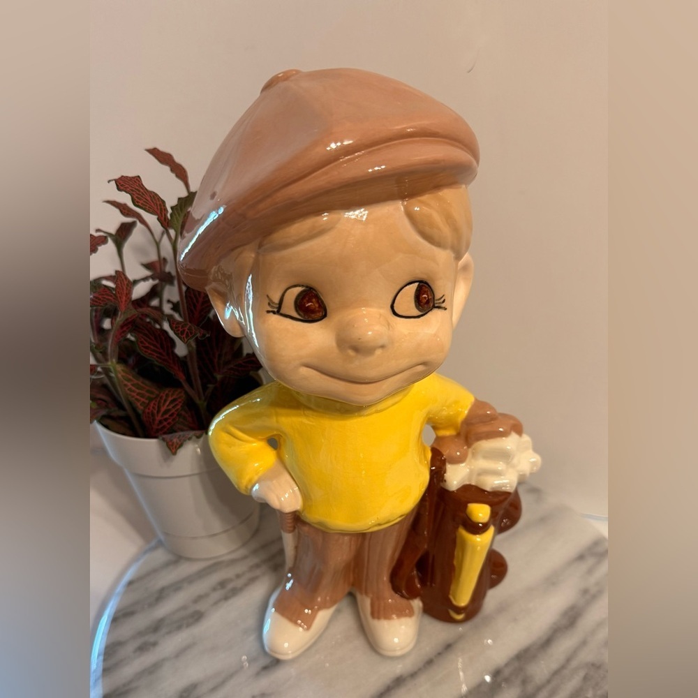 Vintage Golfer With Bag & Club 10” Ceramic  Brown Hat Yellow Sweater No Chips